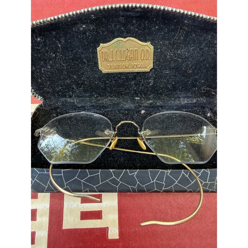 Vintage 1/10 12K Gold Filled Rimless Eyeglasses Cable Temples w Case Antique #4